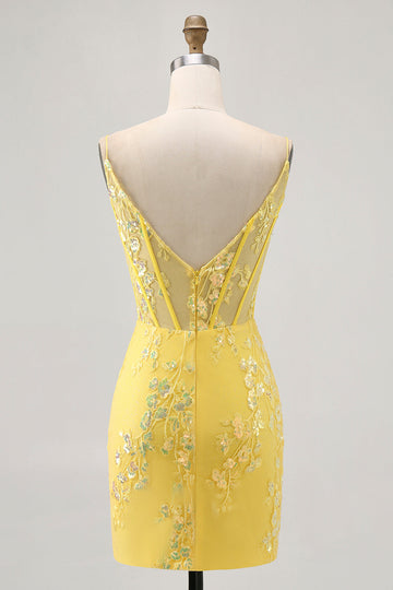 Floral Yellow Corset Tight Short Homecoming Dress with Sequins